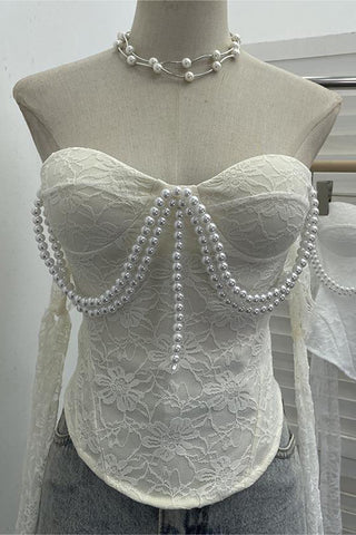 Pearl-Embellished Lace Tank Top