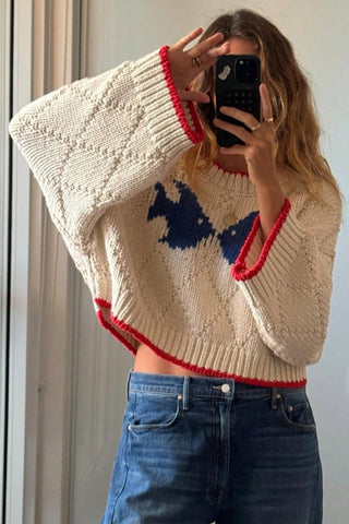Cropped Knit Sweater with Contrast Trim