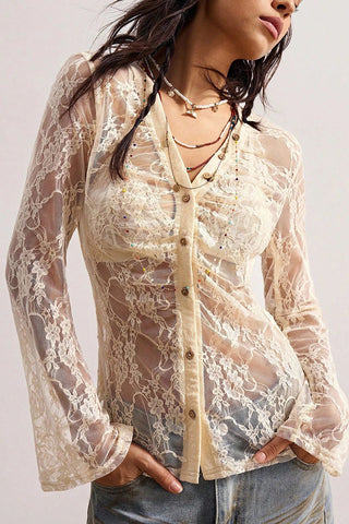 Sheer Lace Button-Front Blouse