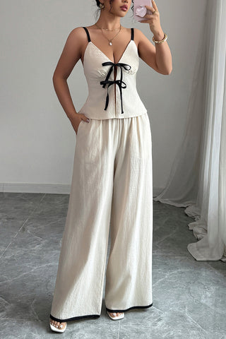Lace-Up Top and Wide-Leg Pants Set