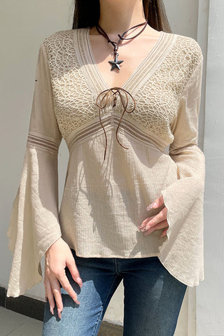 Flowy Lace-Up Long Sleeve Blouse