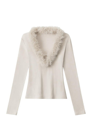 Fuzzy-Trim Long Sleeve Top