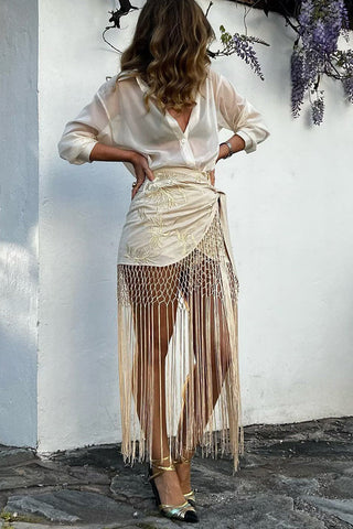 Patterned Fringe Maxi Skirt