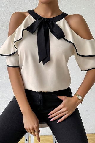 Chic Off-Shoulder Tie Neck Blouse
