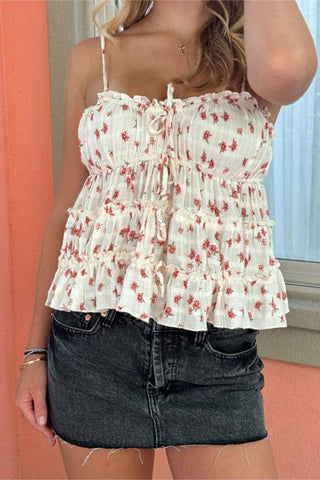 Lace-Up Floral Tiered Tank Top