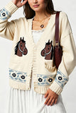Horse Motif Cardigan with Floral Accents