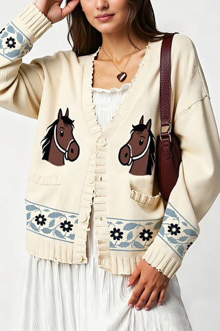 Horse Motif Cardigan with Floral Accents