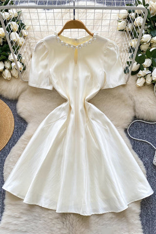 Pearl Trim Puff Sleeve Dress