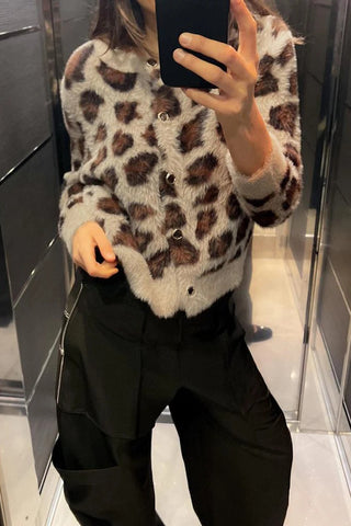 Button-Front Leopard Print Cardigan
