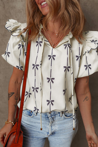Bow Print Flutter Sleeve Blouse