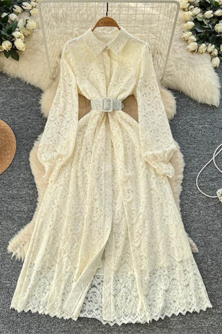 Belted Lace Long-Sleeve Dress