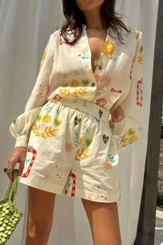 Playful Patterned Casual Shorts Set