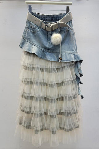 Layered Ruffle Denim Skirt