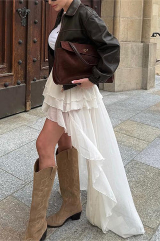 Layered Ruffle Asymmetric High-Low Skirt
