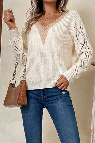 V-Neck Knit Sweater with Lace Accents