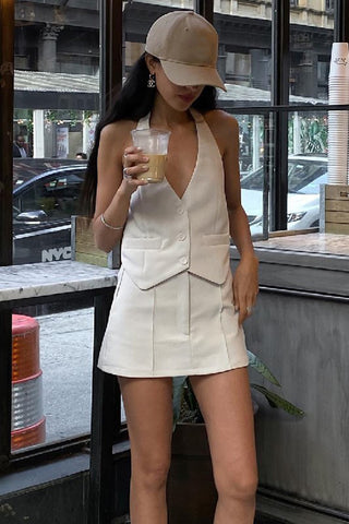 Halter Neck Skirt Set with Button Detail