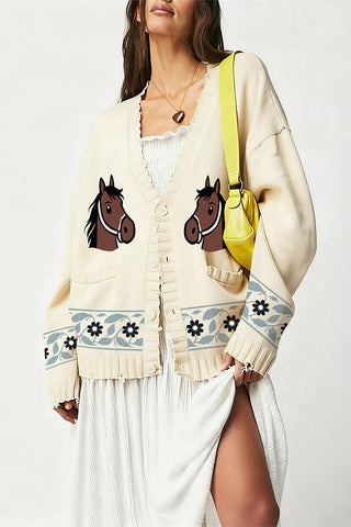 Horse Motif Cardigan with Floral Accents