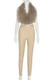 Chic Sleeveless Fuzzy Vest and Pants Set