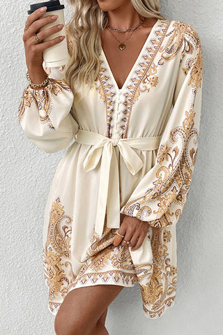 Belted Paisley Print Casual Dress