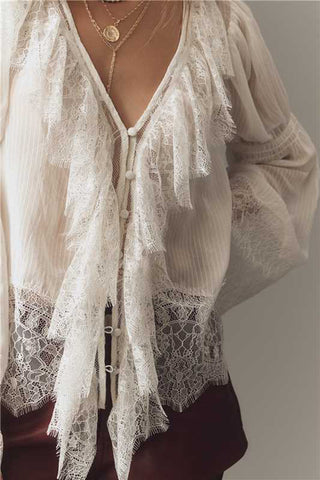Lace-Trimmed Button-Front Blouse
