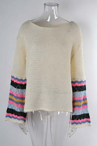 Striped Sleeve Open-Knit Cover-Up