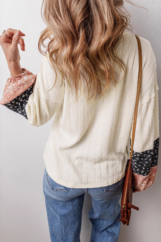 Patterned Sleeve Blouse with V-Neck