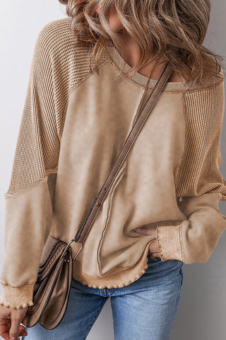 Waffle Knit Patchwork Raglan Sleeve Top