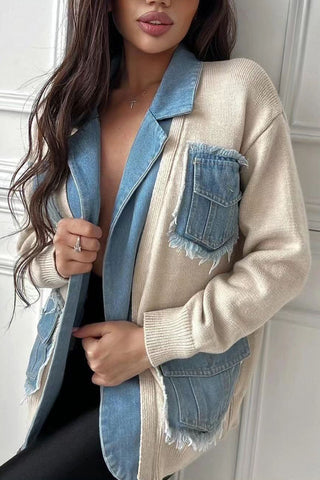 Distressed Pocket Cardigan with Denim Trim