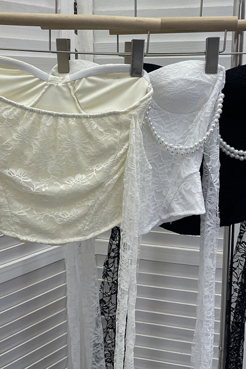 Pearl-Embellished Lace Tank Top