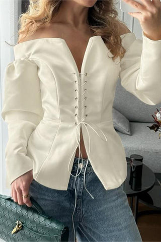 Off-Shoulder Lace-Up Blouse