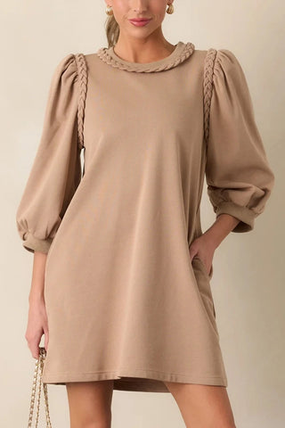 Braided Trim Puff Sleeve Dress