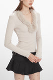 Fuzzy-Trim Long Sleeve Top