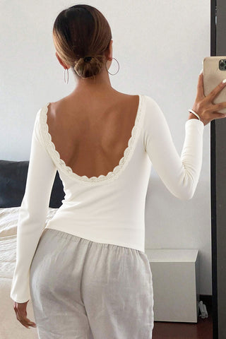 Scallop-Trim Open-Back Blouse