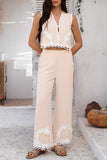 Floral Trim Wide-Leg Pants Set