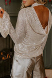 Sequin Mock Neck Drape Open Back Bell Sleeve Top