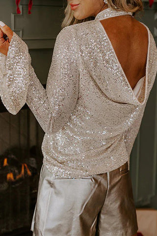 Sequin Mock Neck Drape Open Back Bell Sleeve Top