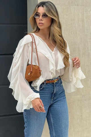Ruffle-Detail Blouse with Button Closure
