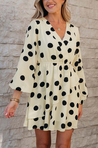 Polka Dot Surplice V Neck Puff Mini Dress