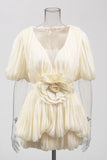 Pleated Puff-Sleeve Mini Evening Dress