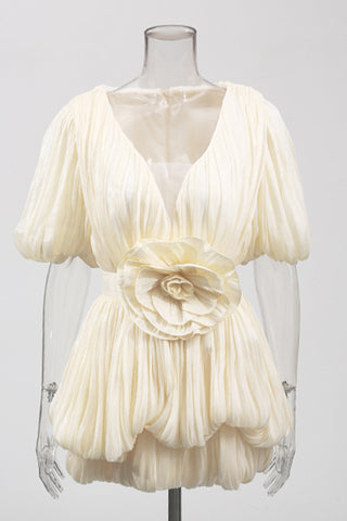 Pleated Puff-Sleeve Mini Evening Dress