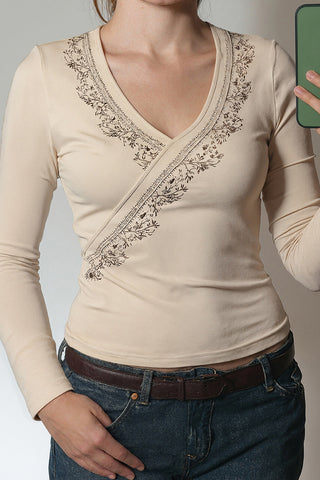 Pattern Wrap-Style Long Sleeve Top