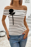 Off-Shoulder Striped T-Shirt with Flower Accent