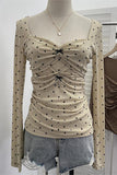 Ruched Heart-Print Long Sleeve Top