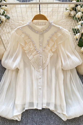 Pearl-Trimmed Ruffle Blouse