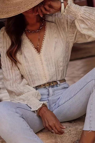 Lace-Trimmed Long Sleeve Blouse