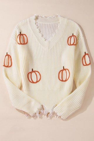 Pumpkin Pattern Frayed Sweater