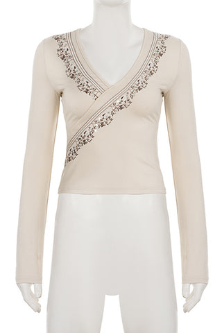 Pattern Wrap-Style Long Sleeve Top