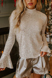 Sequin Mock Neck Drape Open Back Bell Sleeve Top