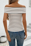 Off-Shoulder Striped T-Shirt with Flower Accent