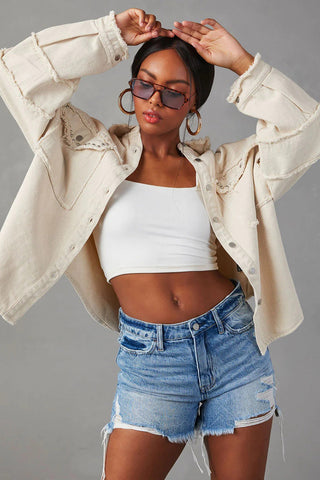 Button-Down Denim Jacket with Raw Edges